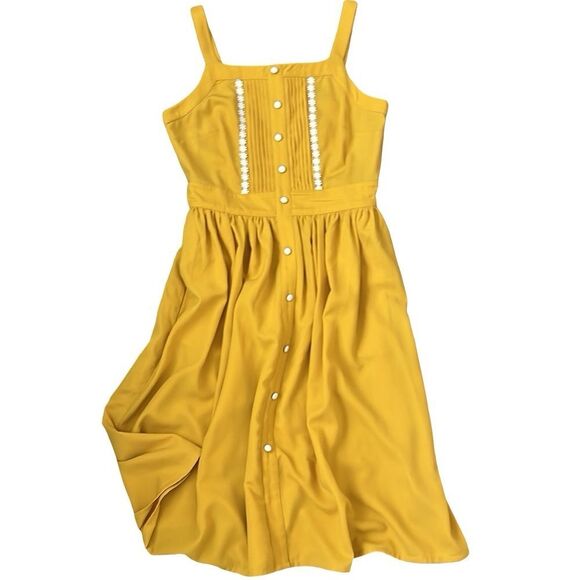 ModCloth Mustard Midi Sundress, Romantic CottageCore Button front Lace - Small - Picture 3 of 13